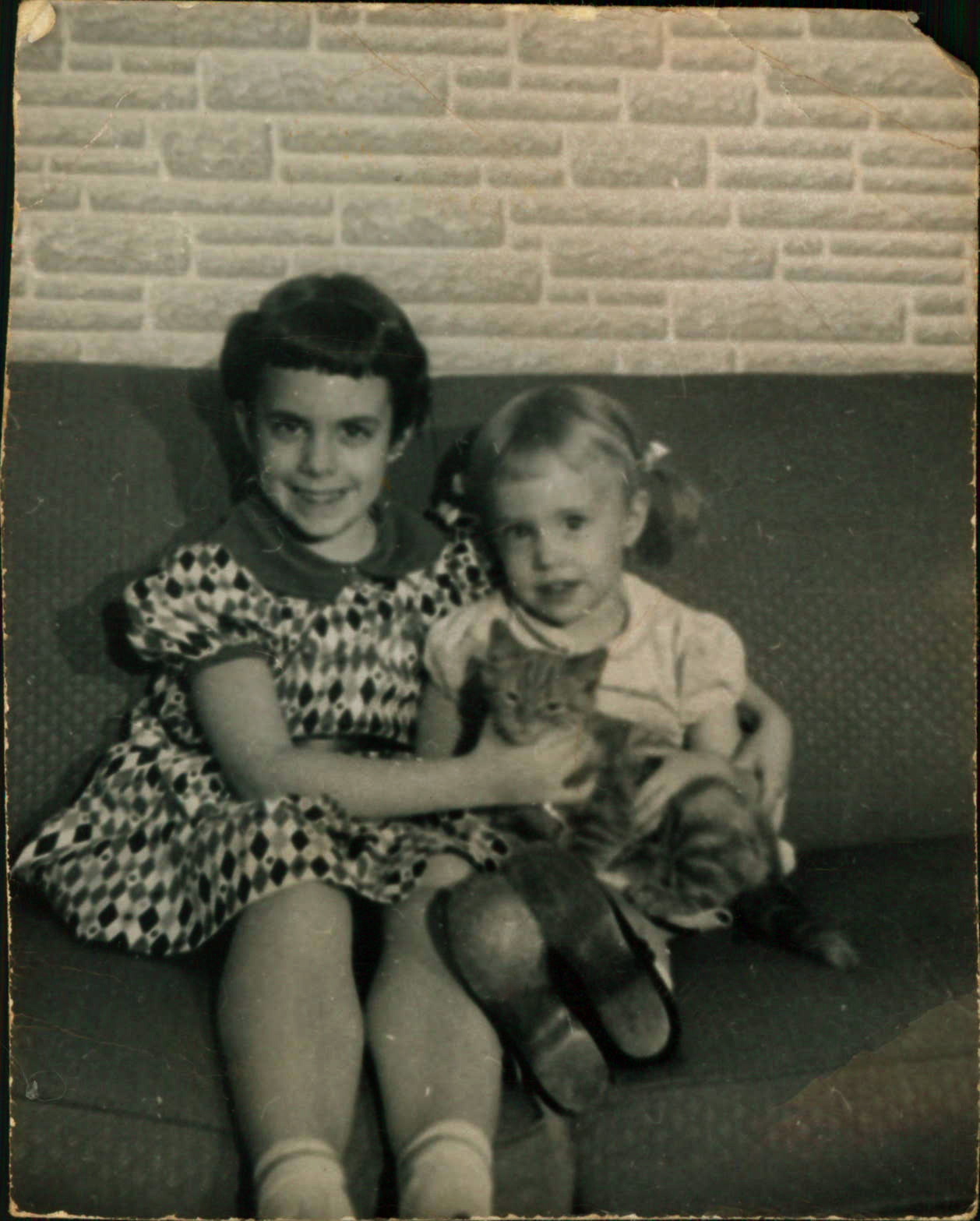 Two little girls and a kitten