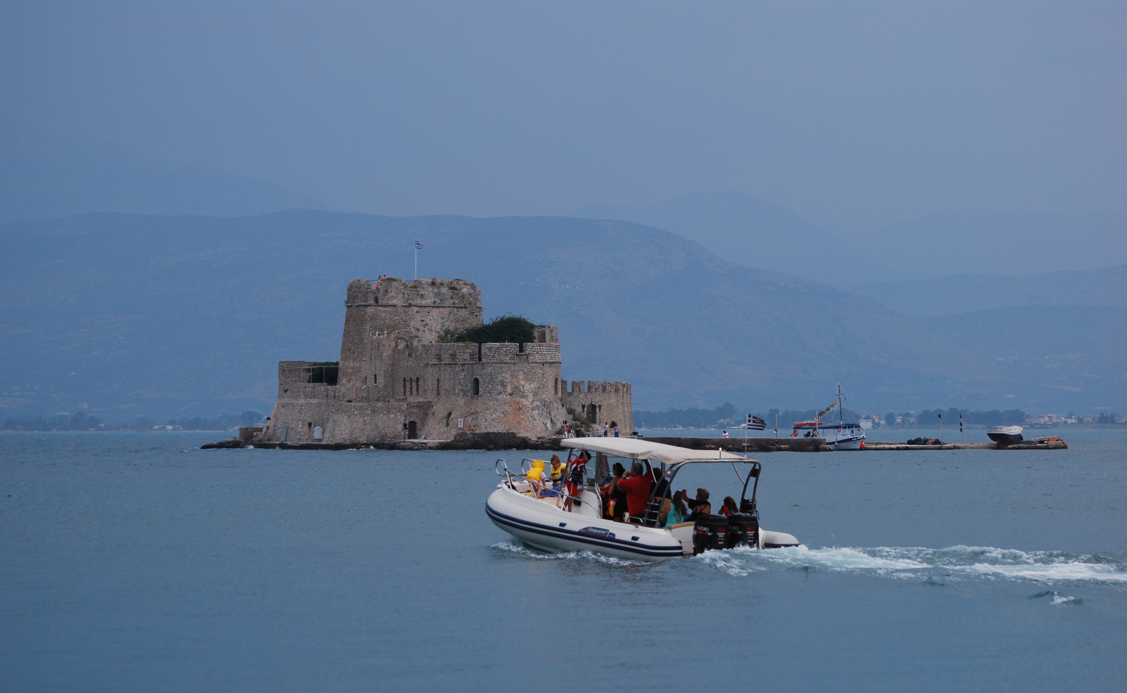 Bourtzi Fortress viewed from harbor walk in Nafplion